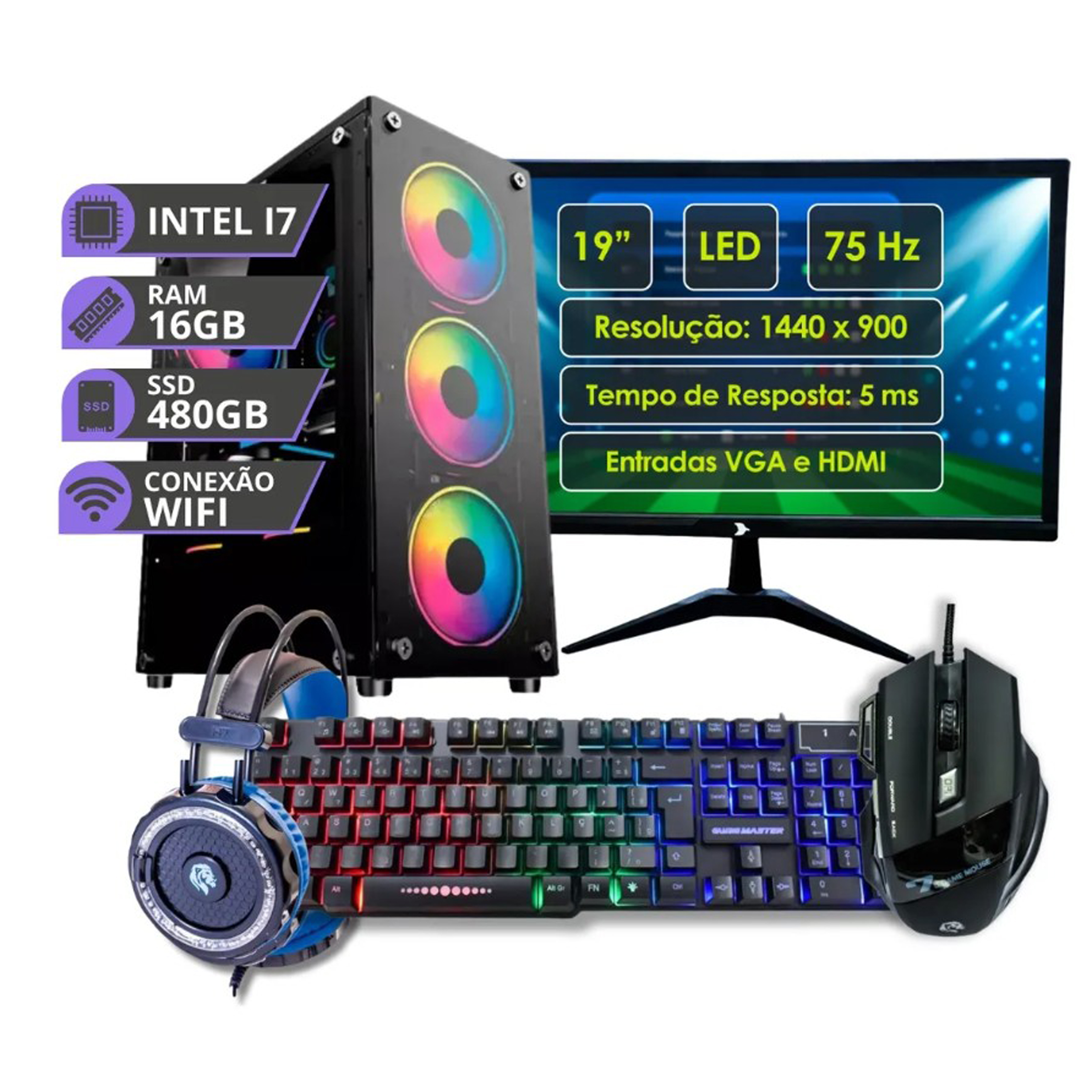 Pc Gamer Completo I7 3.4ghz 16gb Ssd 480gb 500w Monitor 19 16 Gb